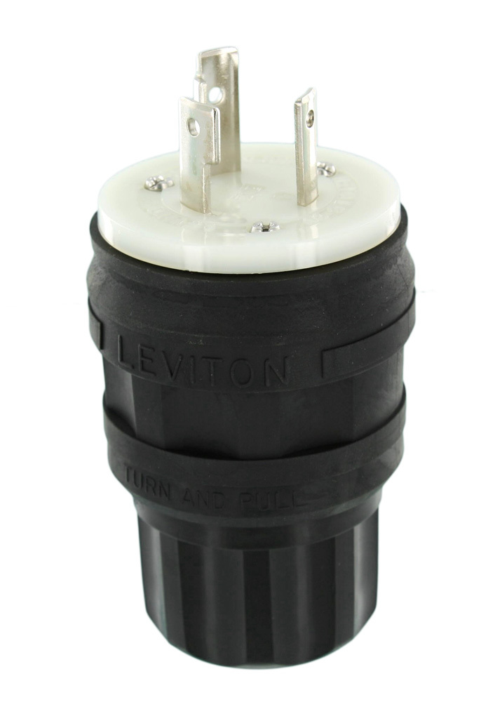 28W48-B Wetguard 1-Phase Grounding Watertight Cable Mount Locking Plug, 250 V AC, 30 A, 2 Poles, 3 Wires, Black