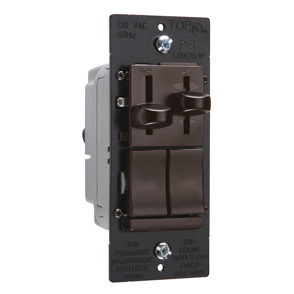 LSDC163PV Wattstopper 3-Way De-Hummer Dimmer Fan Speed Control Switch With Wired Leads, 120 V AC, 1.6 A, 3-Speed Operational Mode, Thermoplastic, Brown