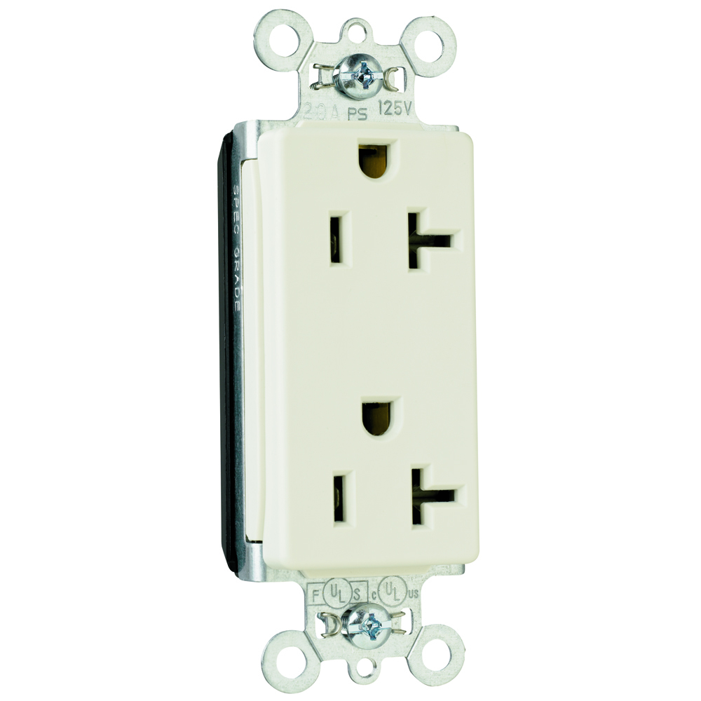 PT26352LA PlugTail 20 Amp 125V Spec-Grade Decorator Duplex Receptacle, Light Almond