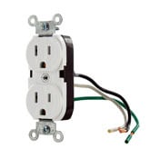 5040-W 1-Phase Duplex Heavy Duty Self-Grounding Slim Straight Blade Receptacle, 125 V AC, 15 A, 2 Poles, 3 Wires, White