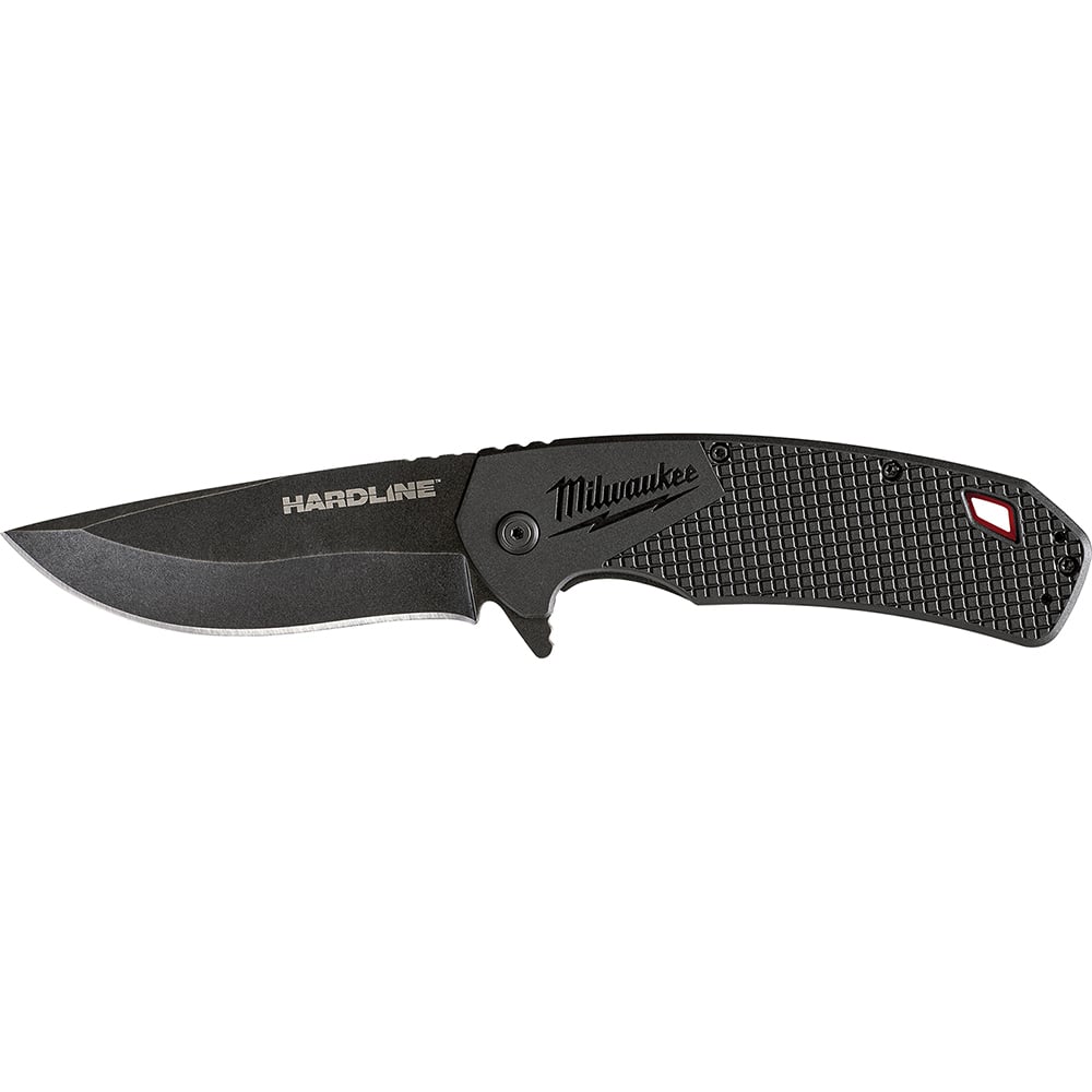48-22-1999 Hardline Lockable Blade Folding Pocket Knife, D2 Steel Drop Point Smooth Blade, 3-1/2 in L Blade, Serrated Edge, Stainless Steel Grip