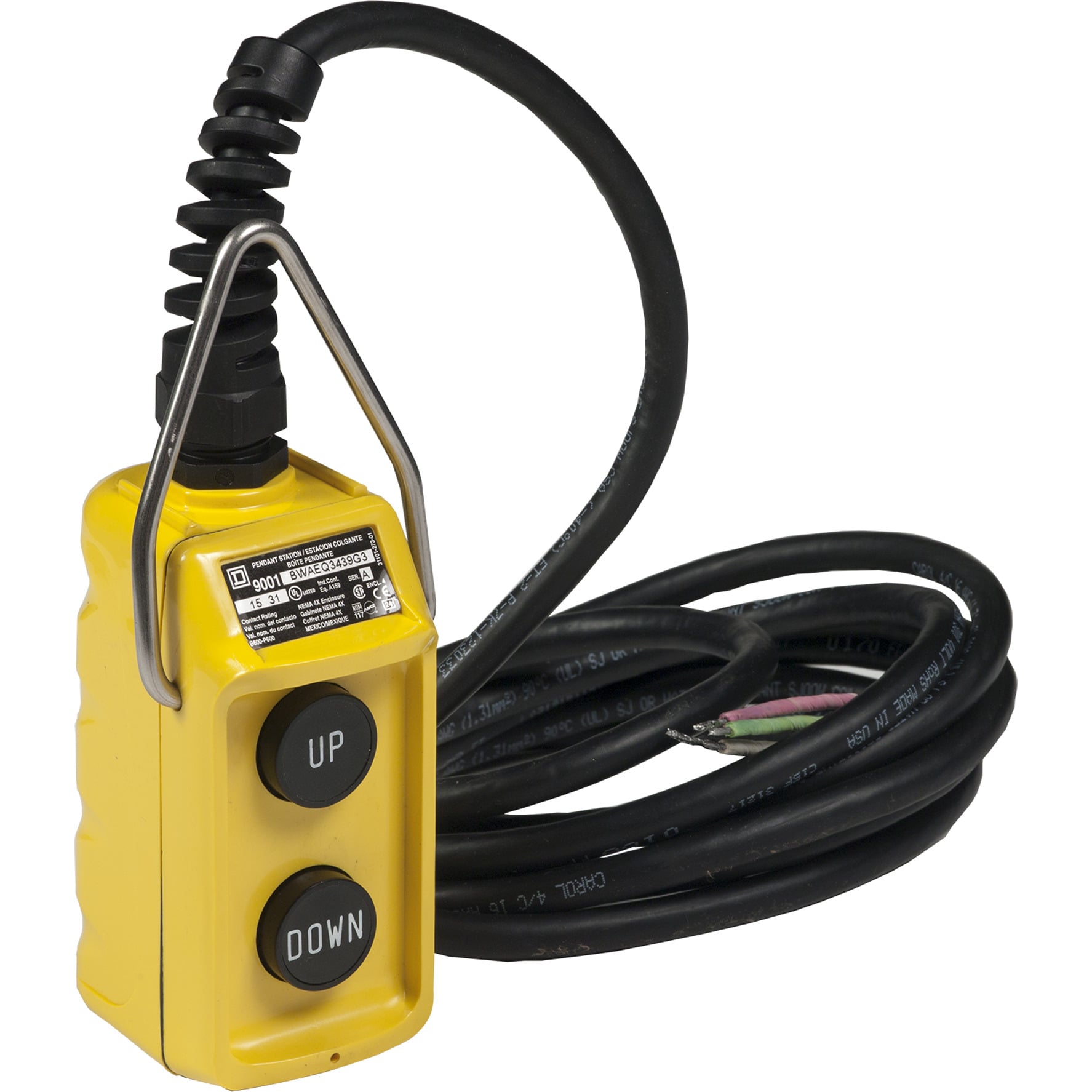 9001BWAEQ3439G3 Harmony Type BW Special Pendant Control Station, 600 VAC, 5 A, 1NO-1NC Contact, NEMA 1/3/3R/4/4X NEMA Rating