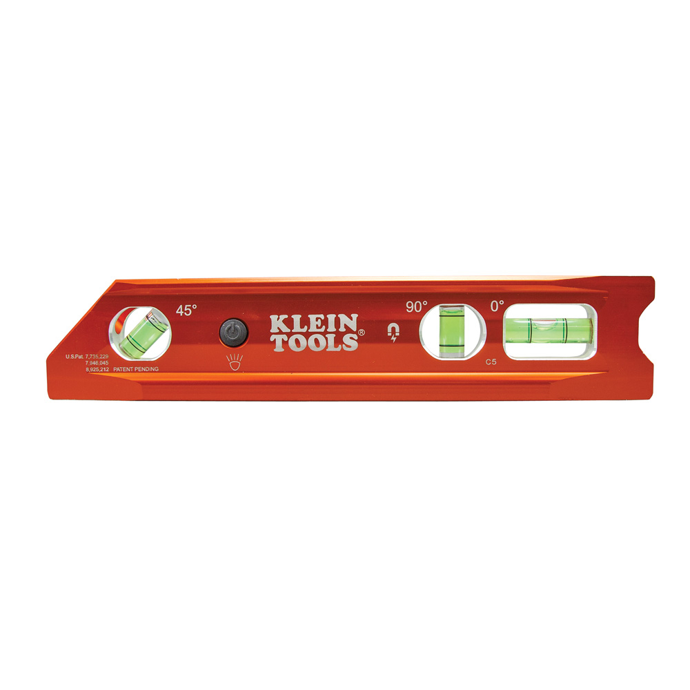 935RBLT Lighted Rare Earth Magnet Billet Torpedo Level, 9 in L, 4 Vials, Aluminum, 0/30/45/90 deg Vial Position, 0.1 % Accuracy