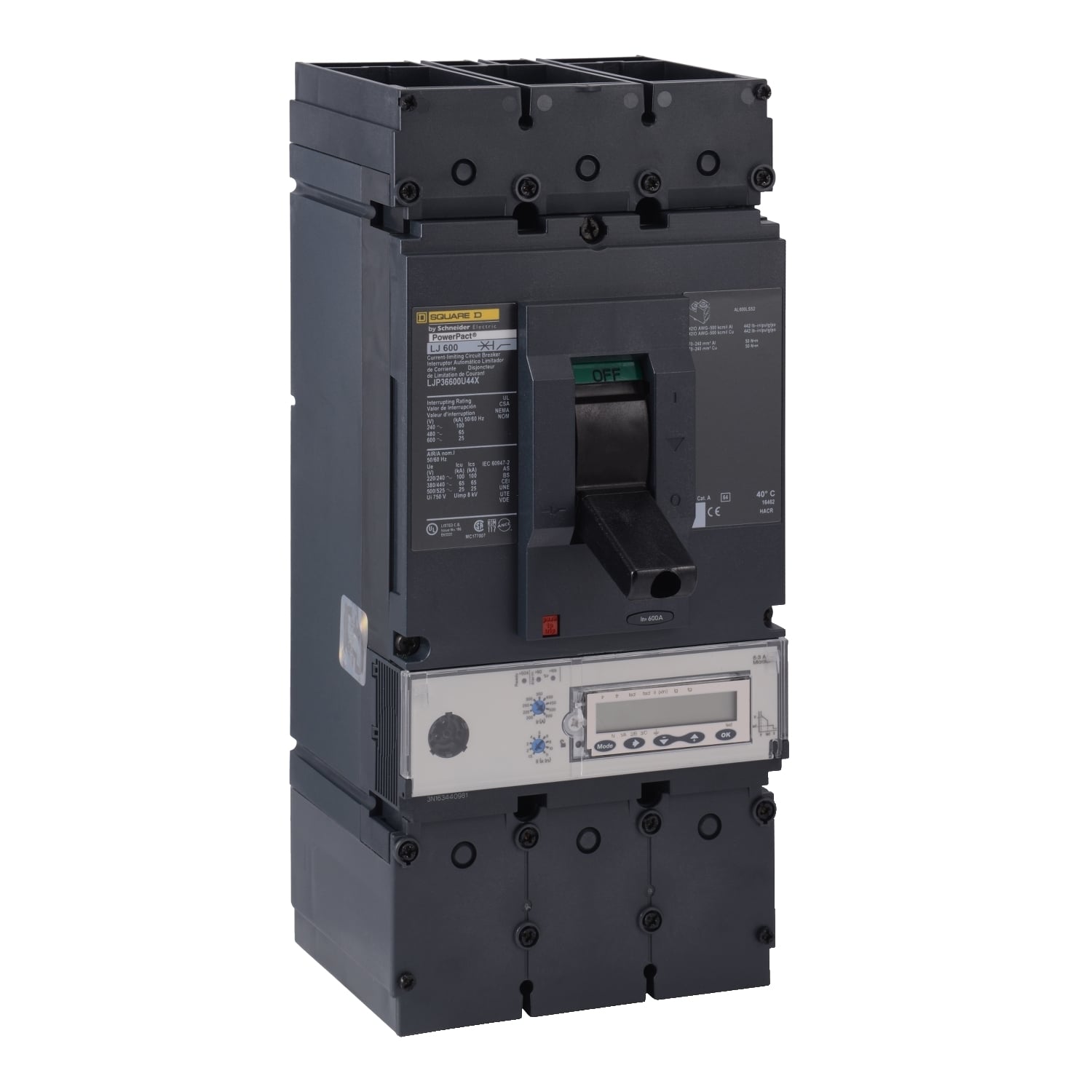 LJP36400U44X Power Pact Circuit Breaker, 600 V AC, 400 A, 100 kA at 240 V AC/65 kA at 480 V AC/25 kA at 600 V AC/20 kA at 250 VDC Interrupt, 3 Poles, Electronic Trip