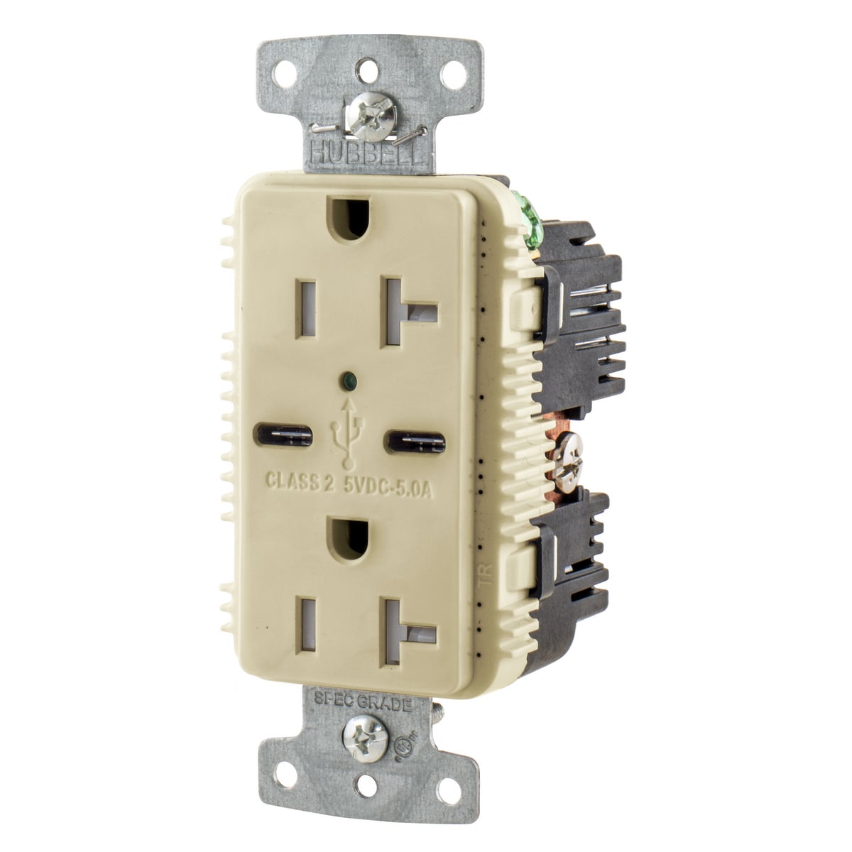USB20C5I Duplex Grounding Tamper-Resistant Standard USB Charger Receptacle With Green LED, 125 V AC, 20 A, 2500 W, 1 Phase, 2 Poles, 3 Wires, Ivory