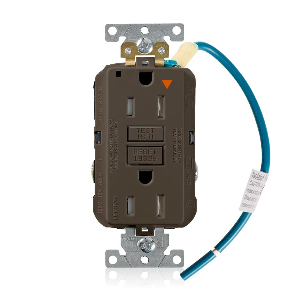 GFTR1-IG Isolated Ground Self-Test Tamper Resistant GFCI Receptacle With Brown Test, Reset Button, 125 V AC, 15 A, 2 Poles, 3 Wires, Brown