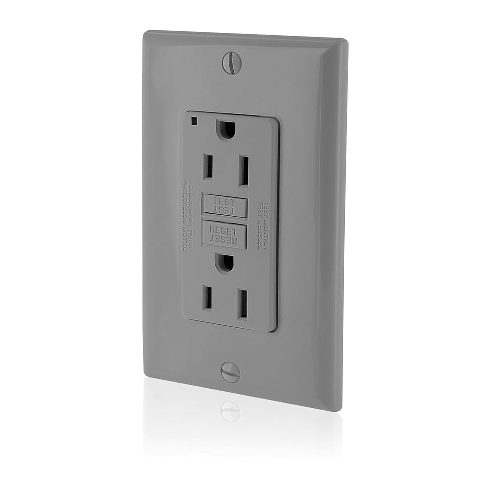 GFNT1-GY SmartlockPro Slim Duplex Monochromatic Non-Tamper Resistant Self-Test GFCI Receptacle With Wallplate, LED Indicator, 125 V AC, 15 A, 2 Poles, 3 Wires, Gray