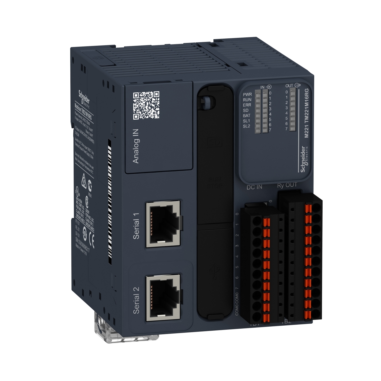TM221M16RG Modicon Logic Controller With Realtime Clock, 24 V DC, 7 mA Discrete Input/5 mA Fast Input, 8 Discrete/2 Analog Inputs, 8 Relay Outputs