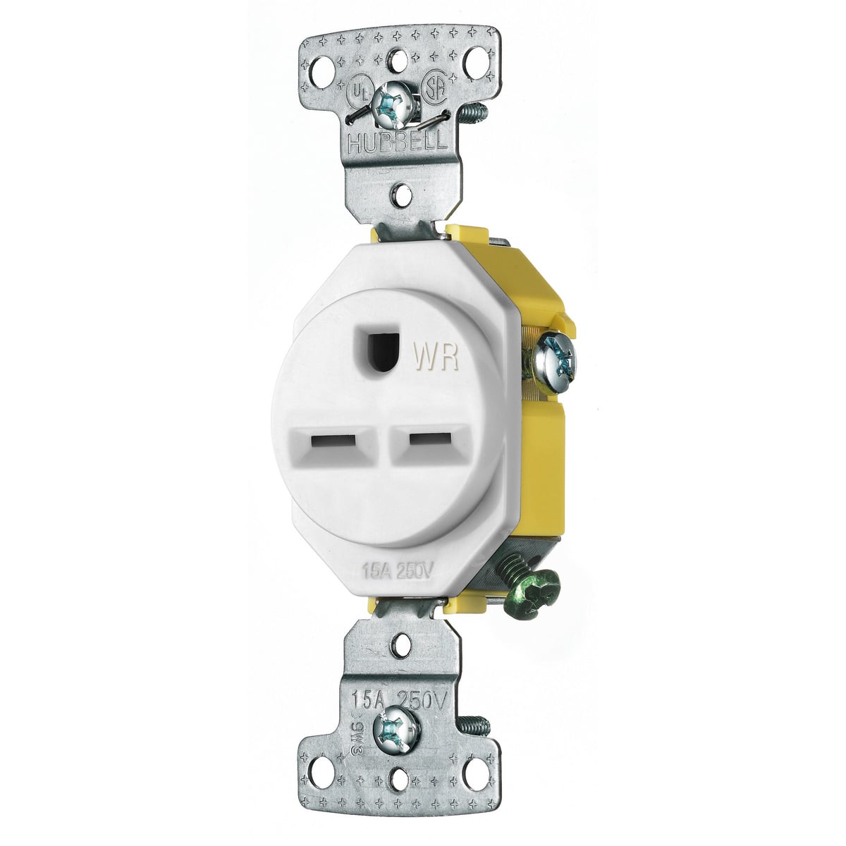 RR155WWR Single Standard Self Grounding Weather-Resistant Straight Blade Receptacle, 250 V AC, 15 A, 2 Poles, 3 Wires, White