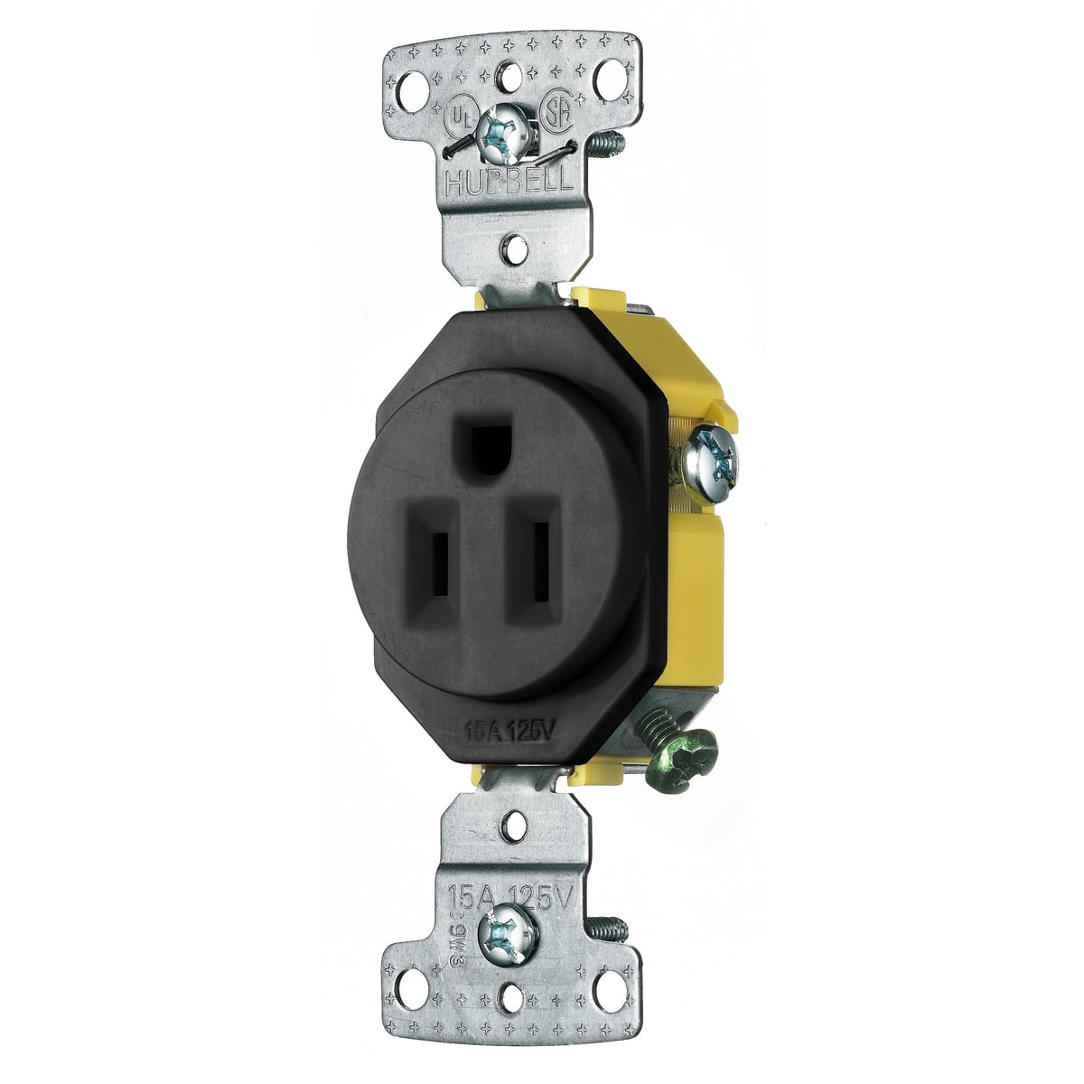 RR151BK 1-Phase Single Standard Screw Mount Straight Blade Receptacle, 125 V AC, 15 A, 2 Poles, 3 Wires, Black