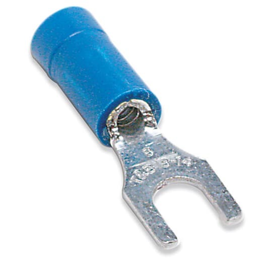 14RB-8FCP Sta-Kon RB Series Insulated Fork Terminal, 18 to 14 AWG Conductor, 0.97 in L, Brazed Seam/Serrated Barrel, Copper, Blue
