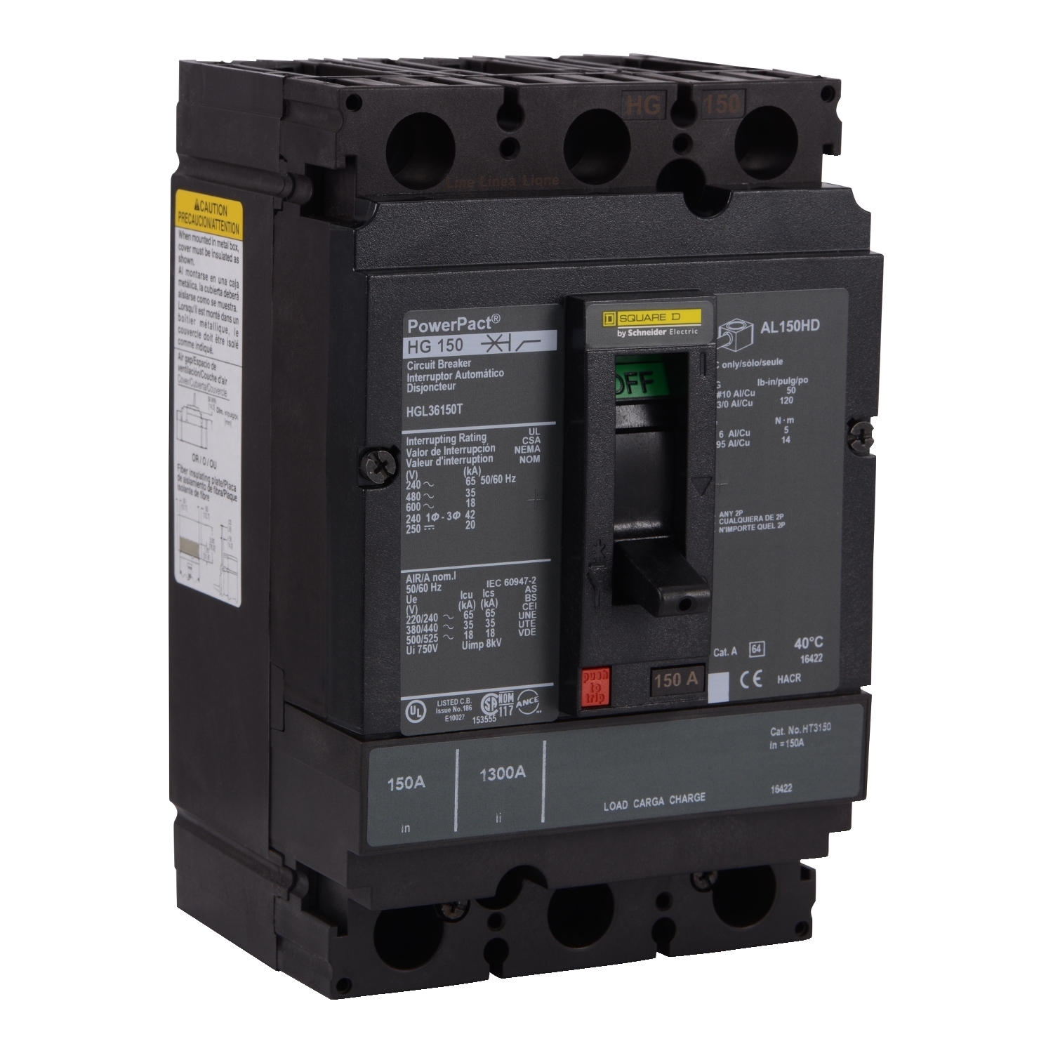 HGL36150T I-Line PowerPact H Type HGL Complete Molded Case Circuit Breaker, 600 V AC/250 to 500 V DC, 150 A, 18/20/35/65 kA Interrupt, 3 Poles, Thermal Magnetic Trip