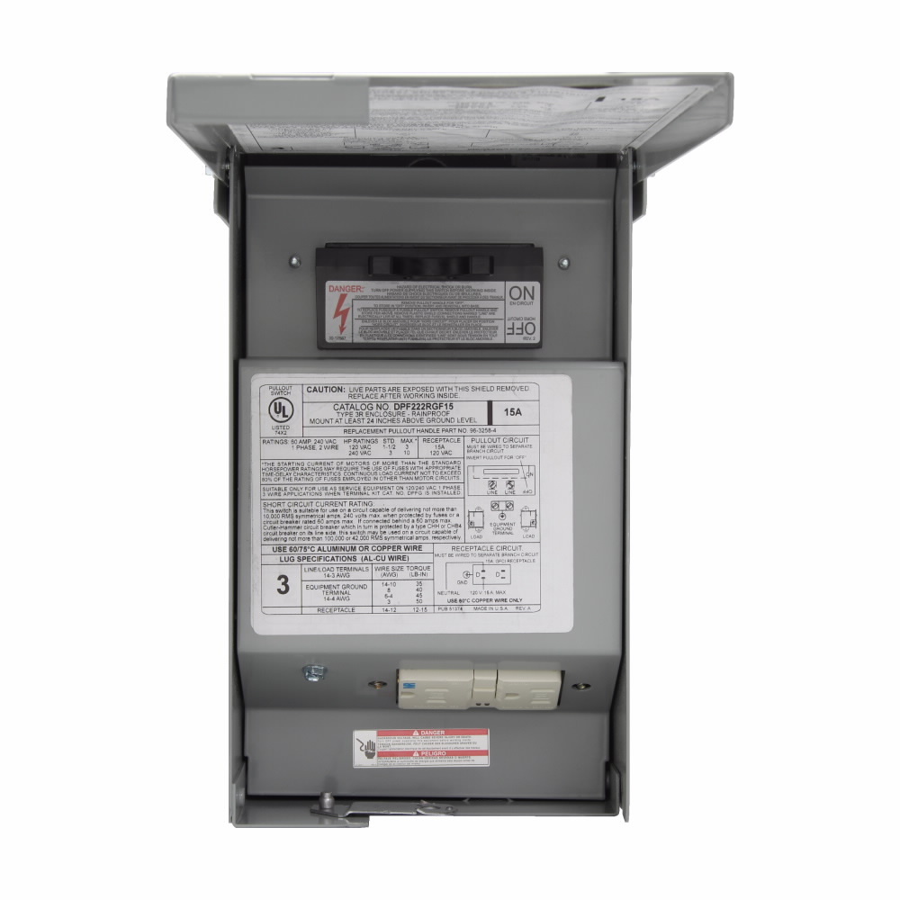 DPF221RGF15WTST Fusible Pullout Air Conditioning Disconnect With 15 A Weather/Tamper Resistant Ground Fault Self-Test Receptacle, 120/240 V AC, 30 A, 2 hp, 3 hp
