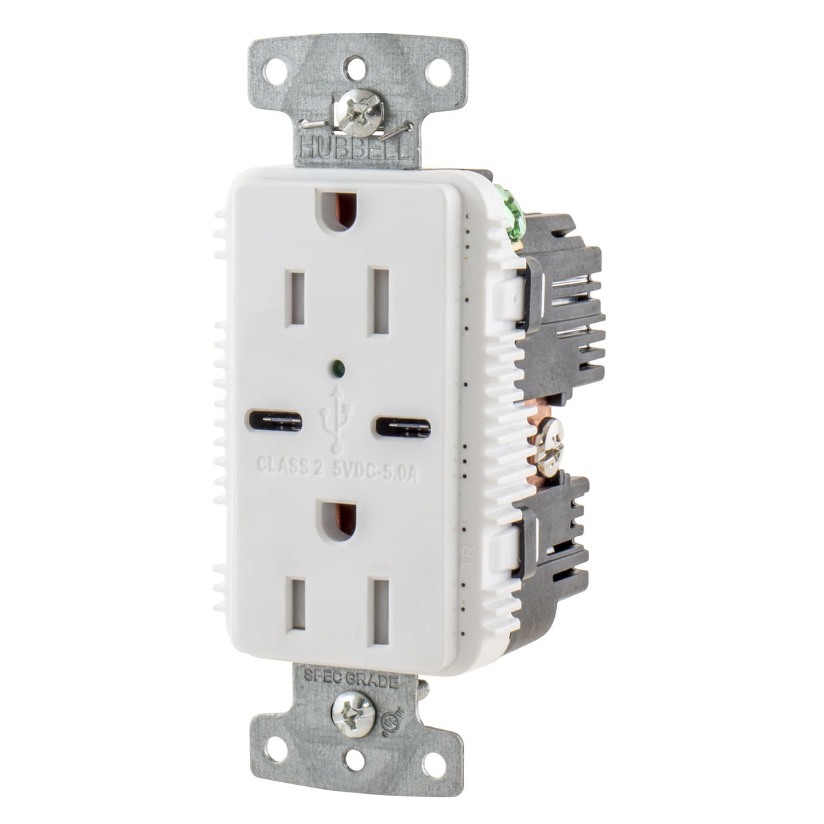 USB15C5W Duplex Grounding Heavy Duty Standard Tamper-Resistant USB Charger Receptacle With Green LED, 125 V, 15 A, 1875 W, 1 Phase, 2 Poles, 3 Wires, White