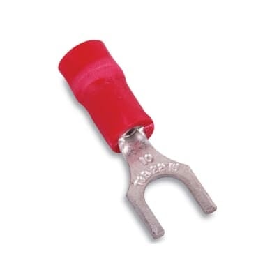 TV18-10F-XV Catamount Fork Terminal, 22 to 16 AWG Conductor, 0.866 in L, Brazed Seam/Funnel Entry/Internal Serration Barrel, Copper, Red