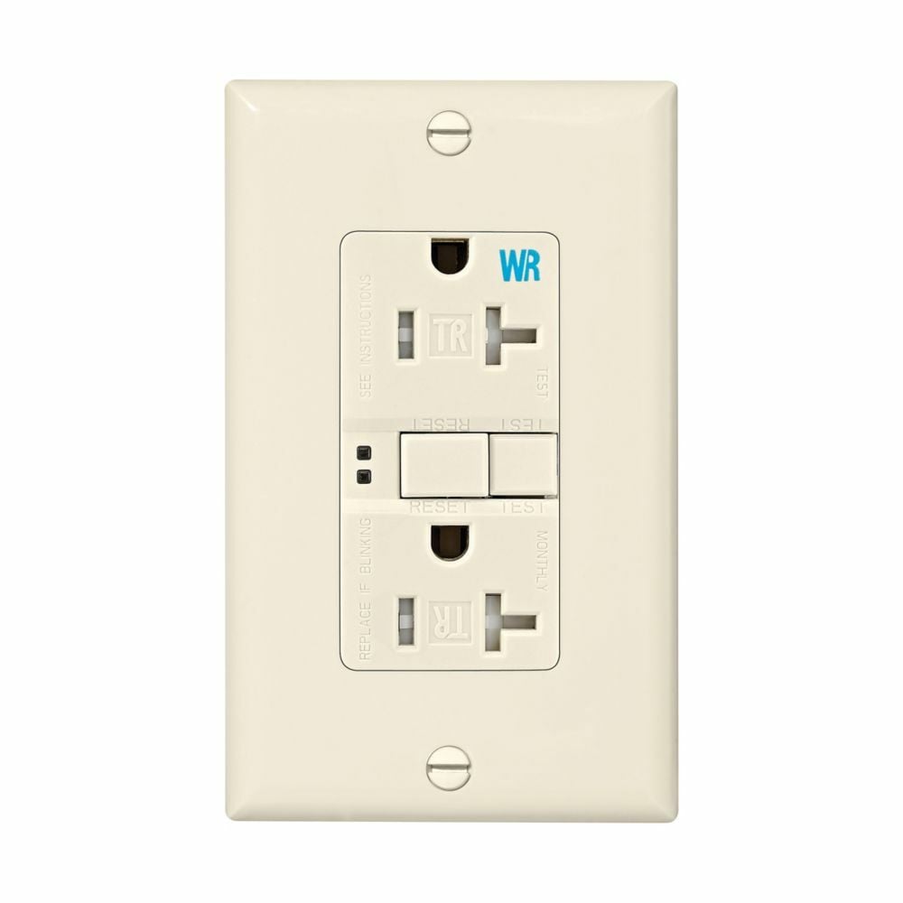 Eaton GFCI receptacle,Weather resistant,Tamper resistant,Self-test,#14 - 10 AWG,20A,Residential,Commercial,Flush,125 V,Back and side wire,Light almond,Brass,Tamper and weather resistant,Polycarbonate,5-20R,Two-pole, three-wire, grounding