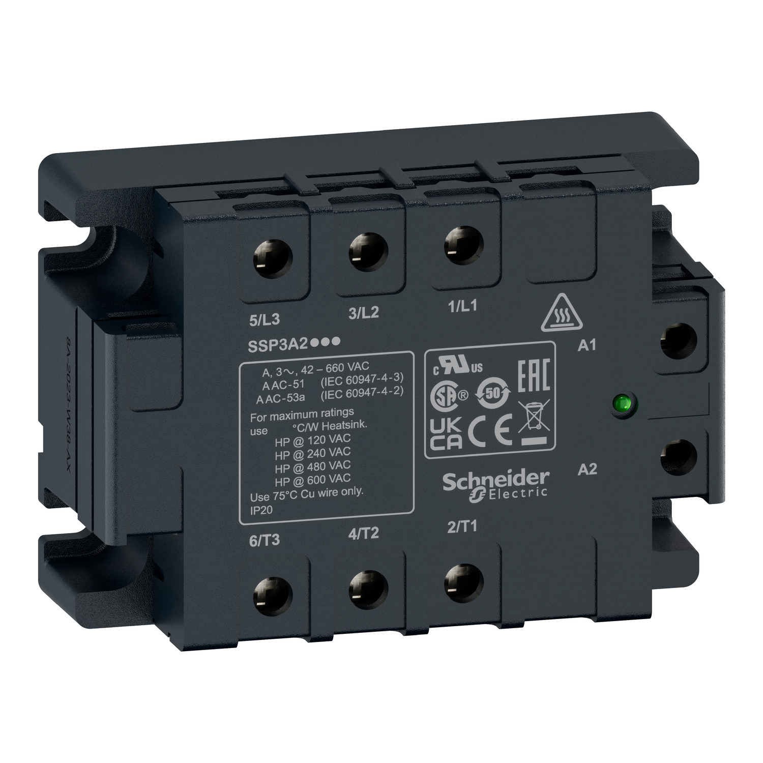 SSP3A250BDRT Zelio 3-Phase Random Switching Solid State Relay With Embedded Thermal Pad, 50 A, 1NO 1 Form A SPST Contact, 4 to 32 V DC V Coil