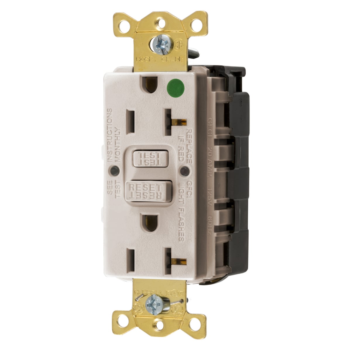 GFRST83SNAPLA 1-Phase Decorator Duplex Self-Test Self-Grounding Standard Staple Straight Blade Tamper/Weather Resistant Screw Mount GFCI Receptacle, 125 VAC, 20 A, 2 Poles, 3 Wires, Light Almond