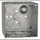 Square Box, 31.9 Cubic Inches, 4 Inch Square x 2-1/8 Inches Deep, 1/2 Inch and 3/4 Inch Eccentric Knockouts and Ground Bump, Galvanized Steel, Welded Construction, For use with Conduit