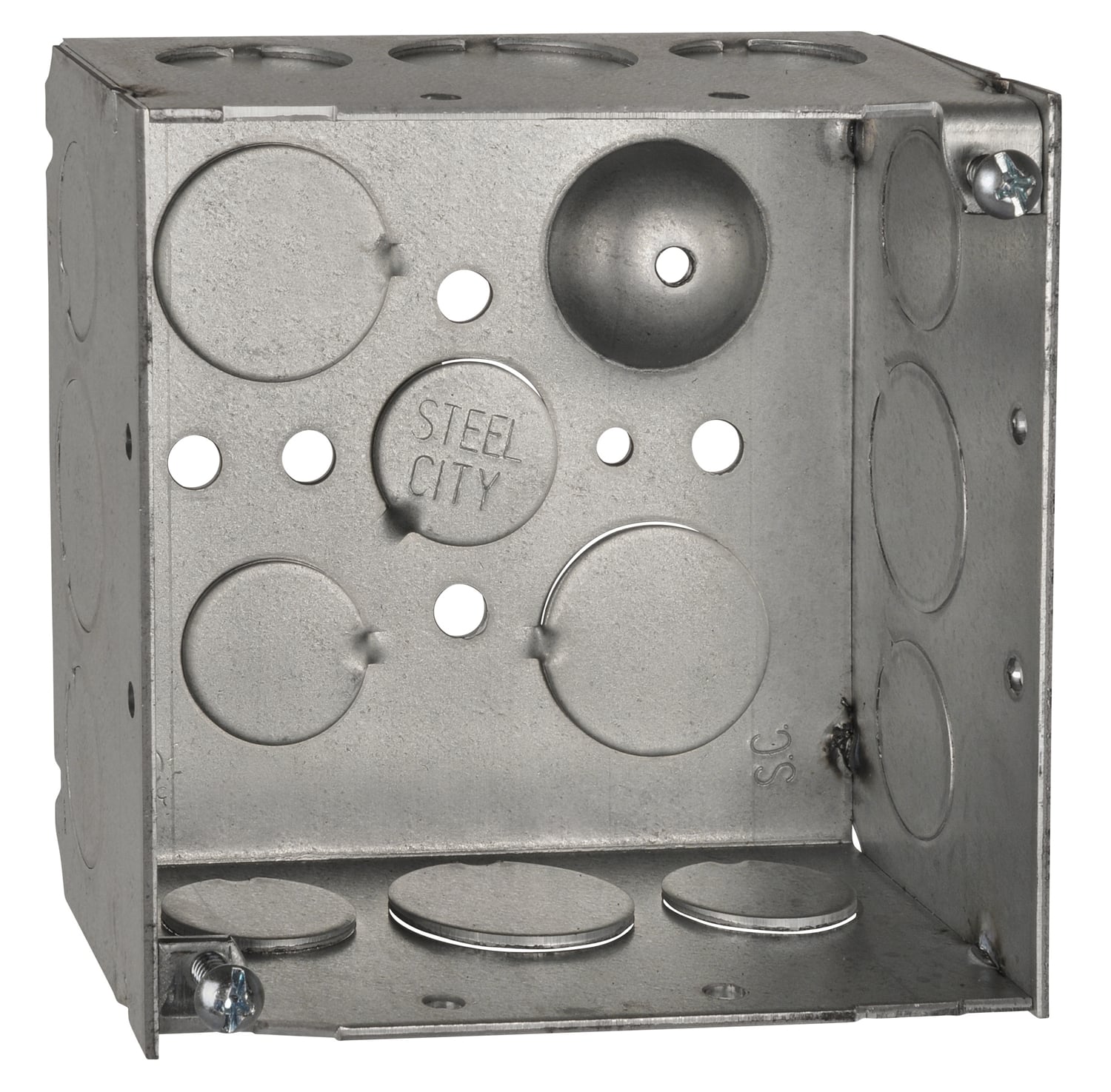 4-SDW-SPL Steel City Outlet Box, Steel, 31.9 cu-in Capacity, (1) Outlets, (16) Knockouts, 4 in H x 4 in W x 2-1/8 in D