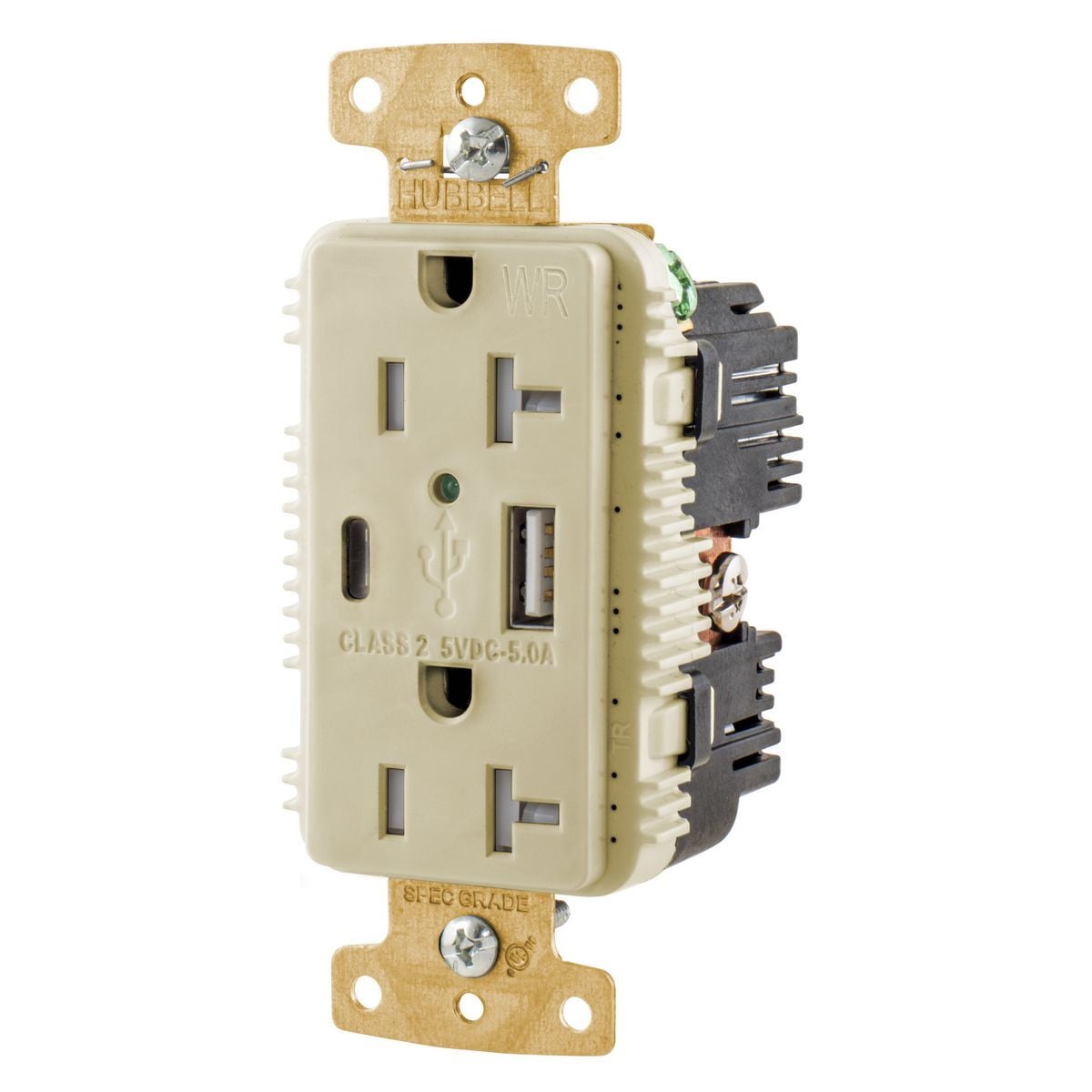 USB20AC5IWR Decorator Duplex Grounding Tamper/Weather-Resistant USB Charger Receptacle With Green LED, 125 V, 20 A, 1 Phase, 2 Poles, 3 Wires, Ivory