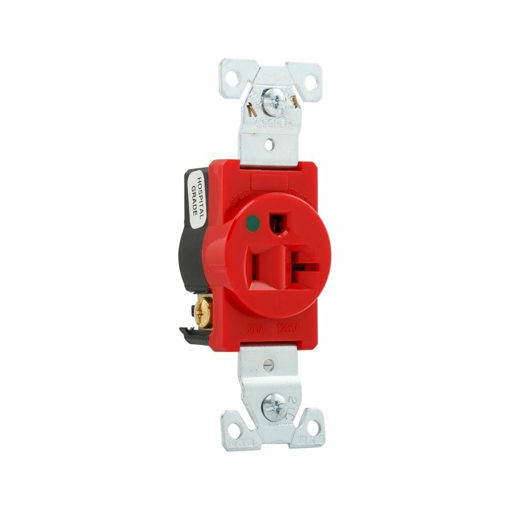 Eaton Arrow Hart extra heavy-duty hospital grade single receptacle, #14-10 AWG, 20A, Healthcare, Flush, 125V, Back and side, Red, Brass, High-impact nylon face, PVC base, 5-20R, Single, Screw, Glass-filled nylon, Core pack, Auto-grounding