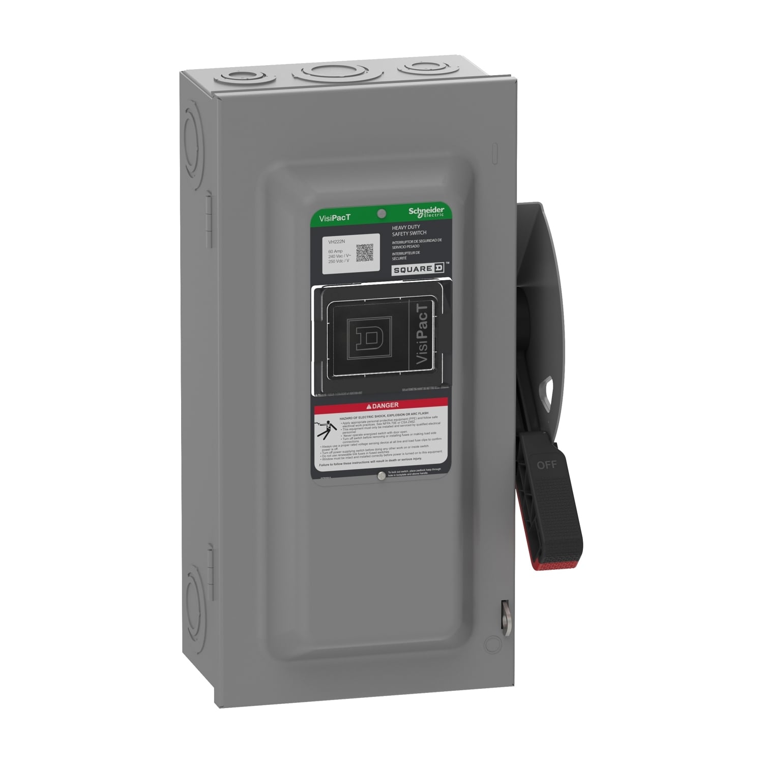 VH222N Heavy Duty Fusible Disconnect Safety Switch, 240 VAC, 250 VDC, 60 A, 3, 7.5, 10, 15 hp, 2 Poles