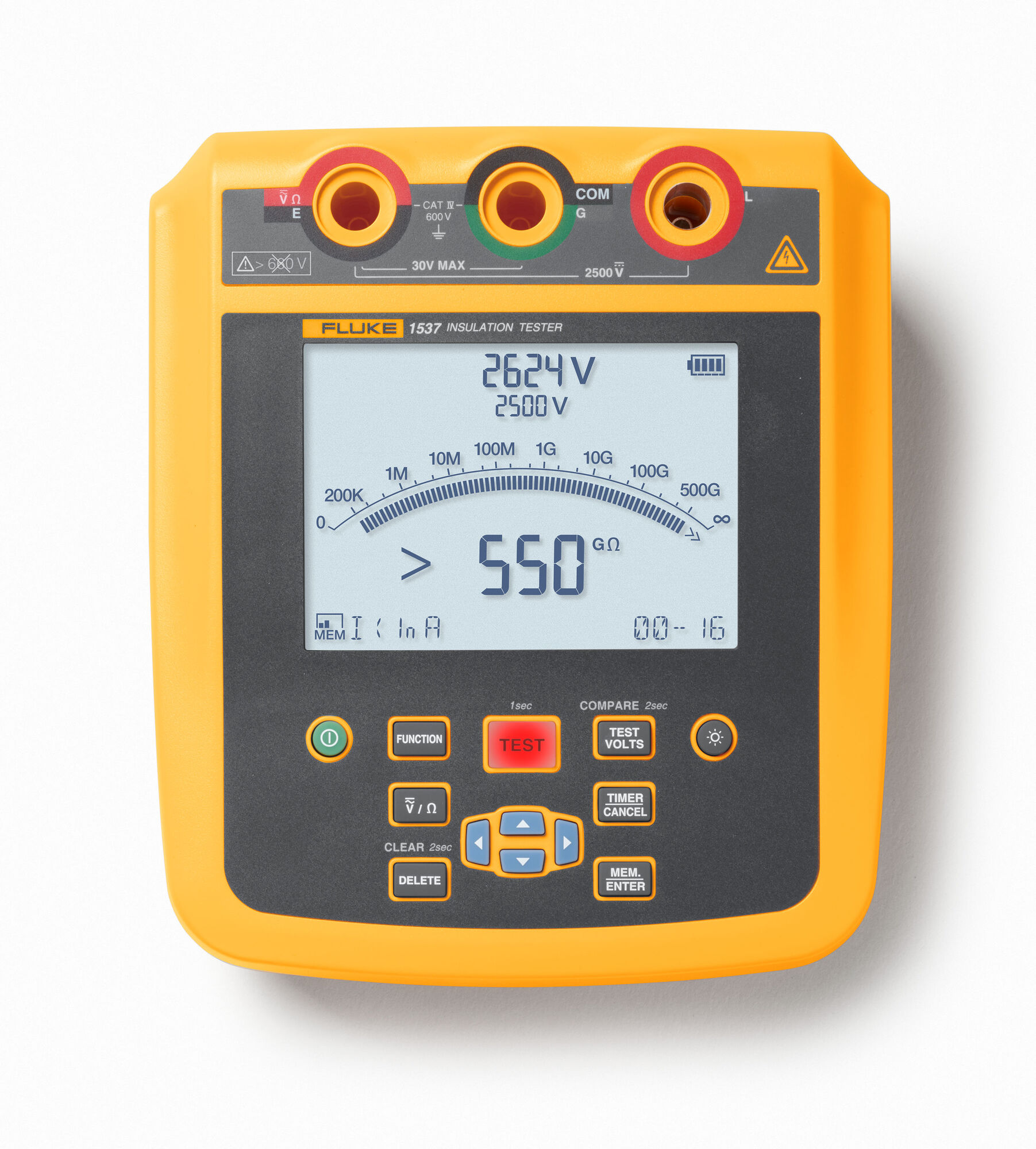 FLUKE-1537 153X Insulation Resistance Tester, 2500 V, 500 GOhm, +/-2% RDG + 10 Digits Accuracy, CAT IV 600 V