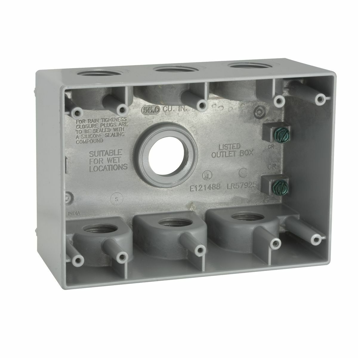 5390-0 Weatherproof Outlet Box With Lug, Die Cast Aluminum, 55 cu-in, 3 Gangs, 7 Outlets
