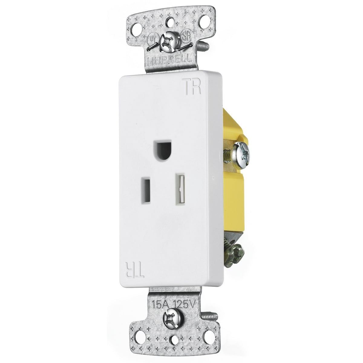 RRD151WTR 1-Phase Decorator Single Self-Grounding Standard Tamper Resistant Screw Mount Straight Blade Receptacle, 125 V AC, 15 A, 2 Poles, 3 Wires, White
