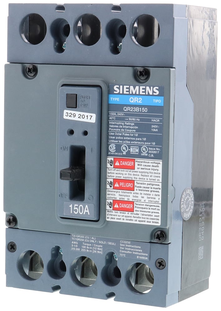 QR23B150 Low Voltage Molded Case Circuit Breaker, 240 V AC, 150 A, 10 kA Interrupt, 3 Poles, Thermal Magnetic Trip