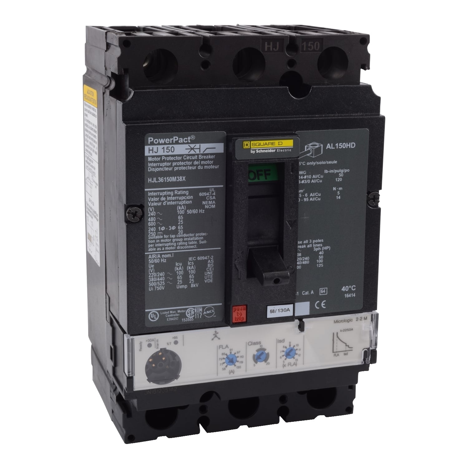 HJL36150M38X PowerPact Motor Circuit Protector, 600 V AC, 150 A, 25 Interrupt, 3 Poles, Magnetic Trip