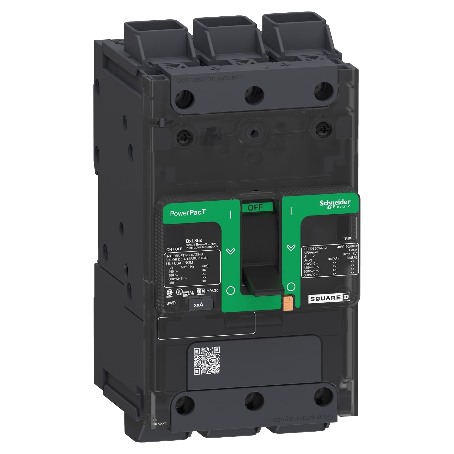 BJL36090LU PowerPact EverLink Molded Case Circuit Breaker, 600Y/347 V AC, 90 A, 100 kA at 240 V AC, 65 kA at 480 V AC, 25 kA at 600Y/347 V AC Interrupt, 3 Poles, Thermal Magnetic Trip