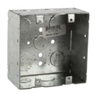 Two Gang Device Box, 30.3 Cubic Inches, 4 Inch Square x 2-1/8 Inch Deep, 1/2 and 3/4 Inch Knockouts, with flat bracket, Galvanized Steel, Welded Construction, For Use with Conduit