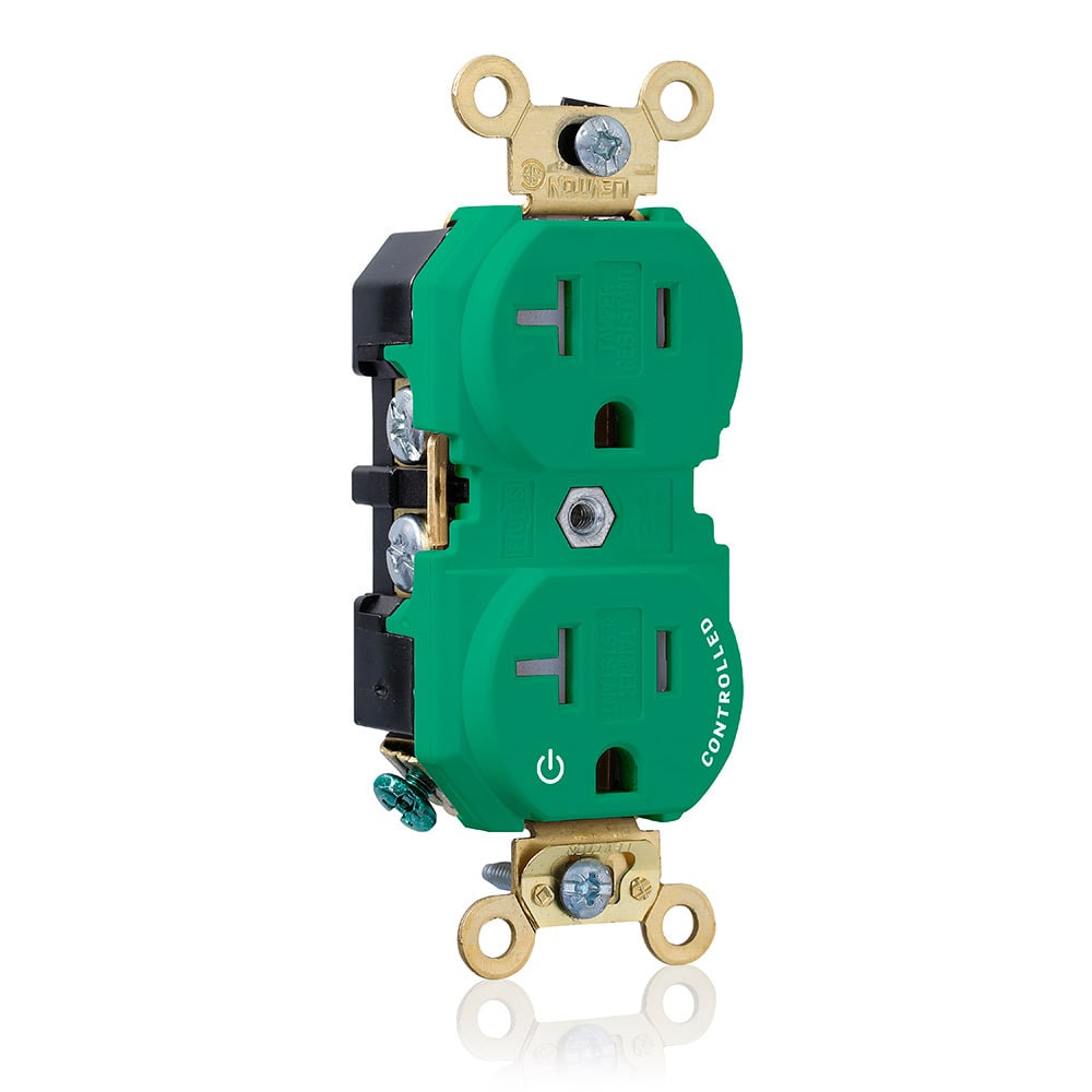 5362-1PN Duplex Extra Heavy Duty Smooth Face Self-Grounding Tamper-Resistant Straight Blade Receptacle, 125 V AC, 20 A, 2 Poles, 3 Wires, Green