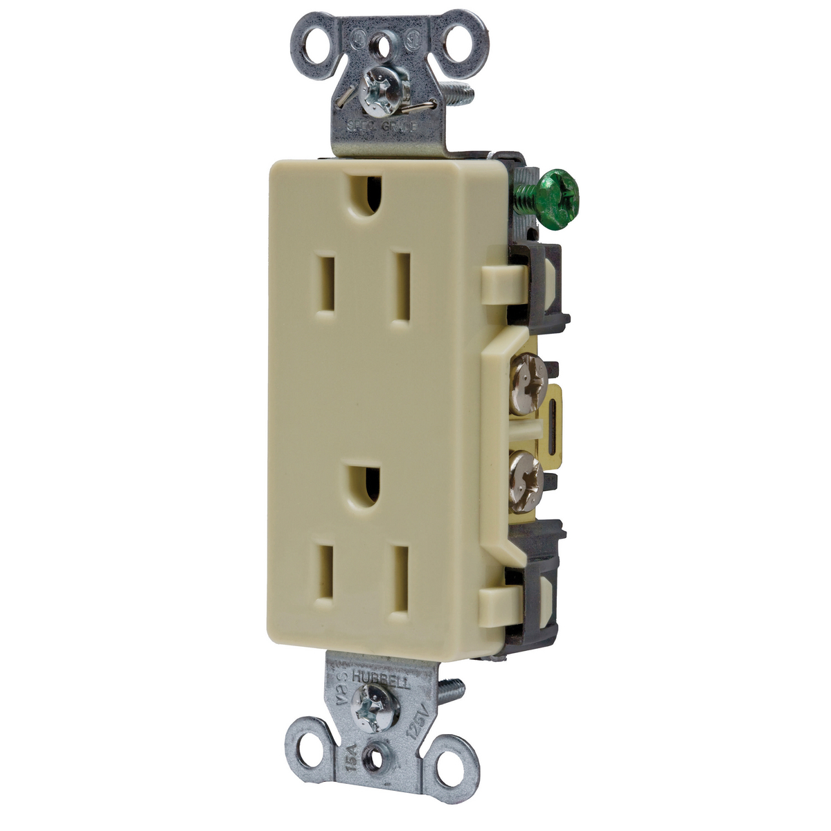 DR15I Decorator 1-Phase Duplex Self-Grounding Screw Mount Straight Blade Receptacle, 125 V AC, 15 A, 2 Poles, 3 Wires, Ivory
