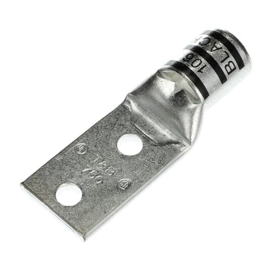 54223 Color-Keyed 54200 2-Hole Non-Insulated Compression Lug With Peep Hole, 750 kcmil Copper Conductor, Die Code: 106, 1/2 in Stud, Copper