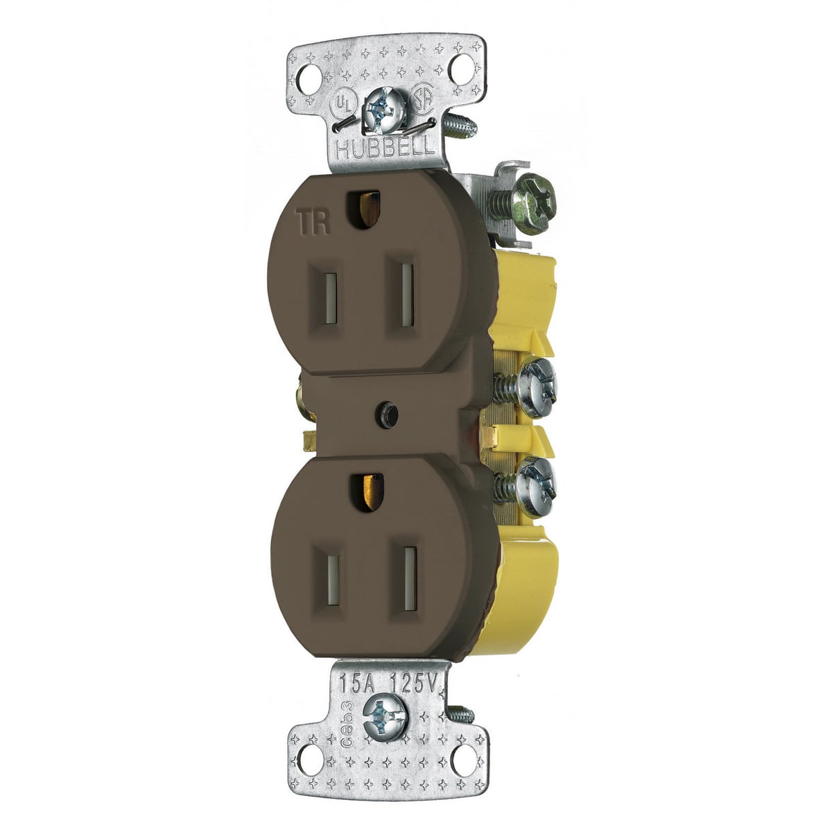 RR15STR 1-Phase Duplex Standard Traditional Tamper-Resistant Screw Mount Straight Blade Receptacle, 125 V AC, 15 A, 2 Poles, 3 Wires, Brown