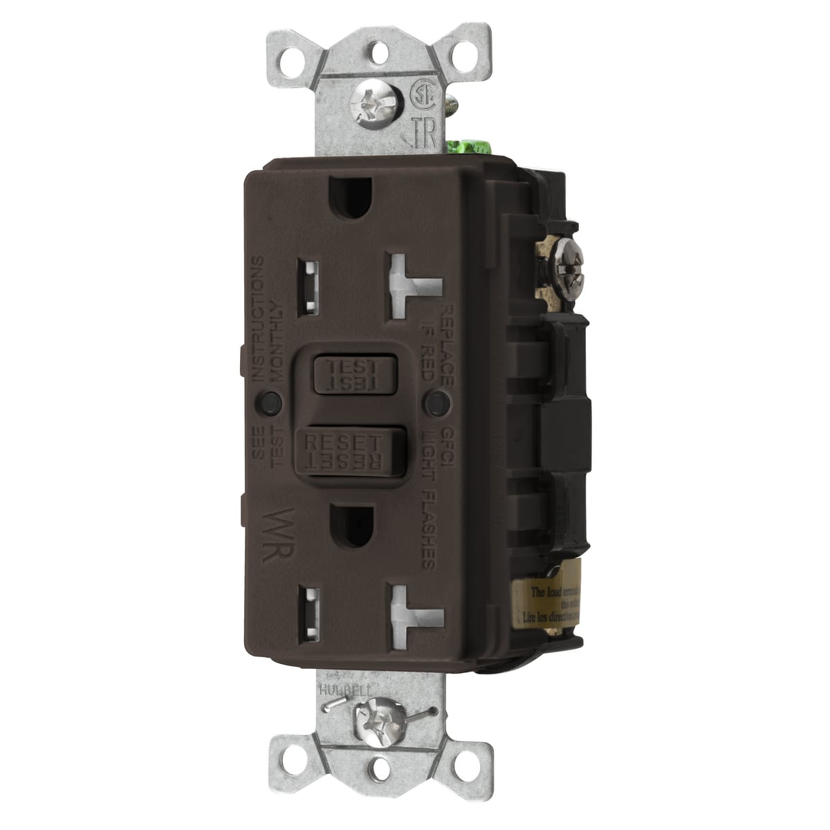 GFTWRST20U 1-Phase Decorator Duplex Heavy Duty Standard Straight Blade Self-Test Tamper/Weather Resistant Screw Mount GFCI Receptacle, 125 V AC, 20 A, 2 Poles, 3 Wires, Brown