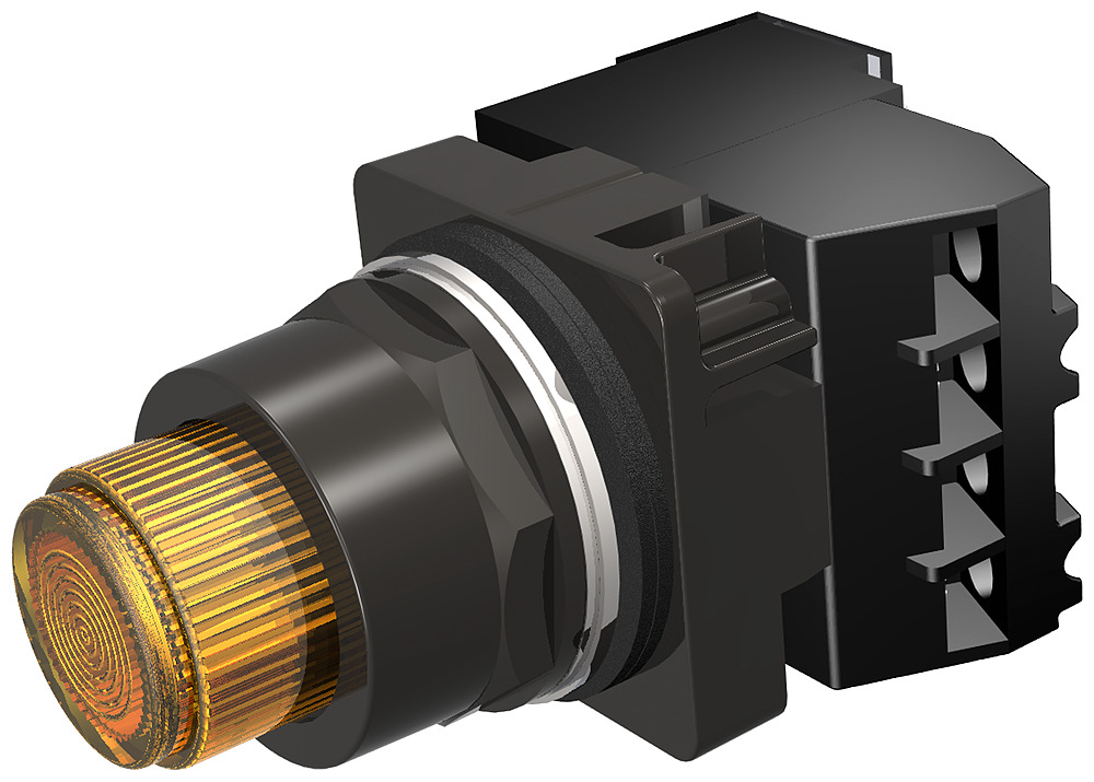 52BT6D9AB Class 52 Corrosion-Resistant Full Voltage Heavy Duty Round Standard Oil/Watertight Illuminated Pushbutton With Extended Lens, 30 mm, 1NO-1NC Contact, Raised Operator, Amber