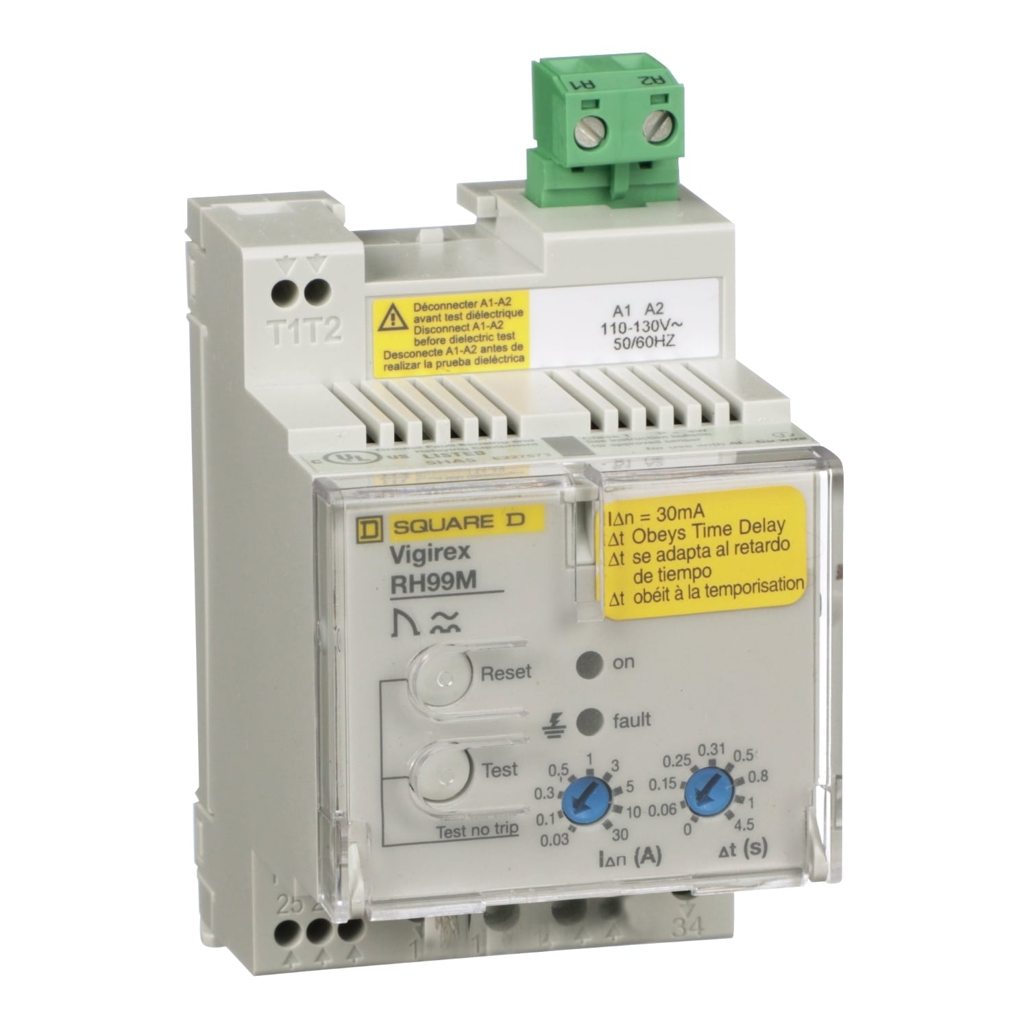 56372TD Vigirex RH99M Manual Reset Ground Fault Relay, 120 V AC, 0 s Instantaneous, 60/150/250/310/500/800 ms, 1/4.5 s, 9-User Selectable Thresholds: 30/100/300/500 mA, 1/3/5/10/30 A Sensitivity, DIN Rail Mount