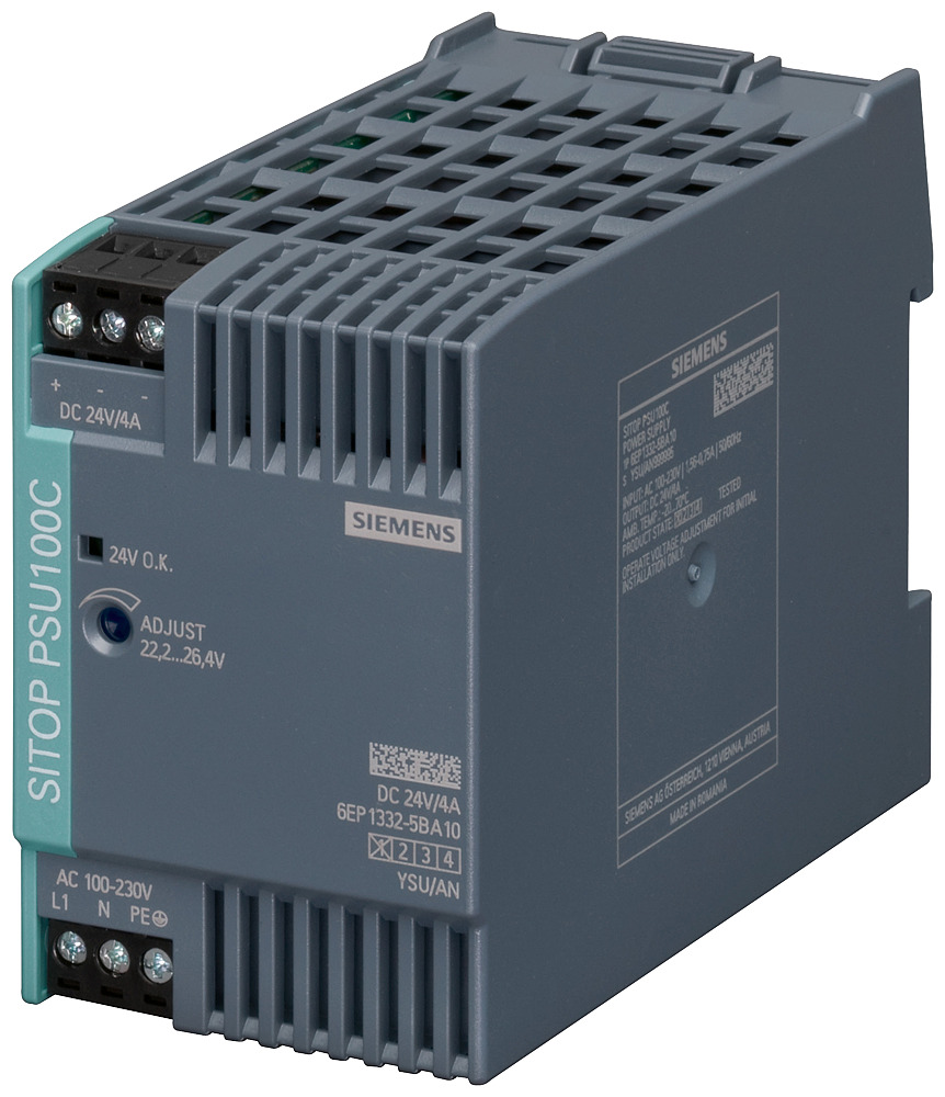 6EP13325BA10 SITOP PSU100C 1-Phase Stabilized Power Supply, 120 to 230 V AC Input, 24 VDC Output, 96 W Power Rating, 4 A, DIN Rail Mount