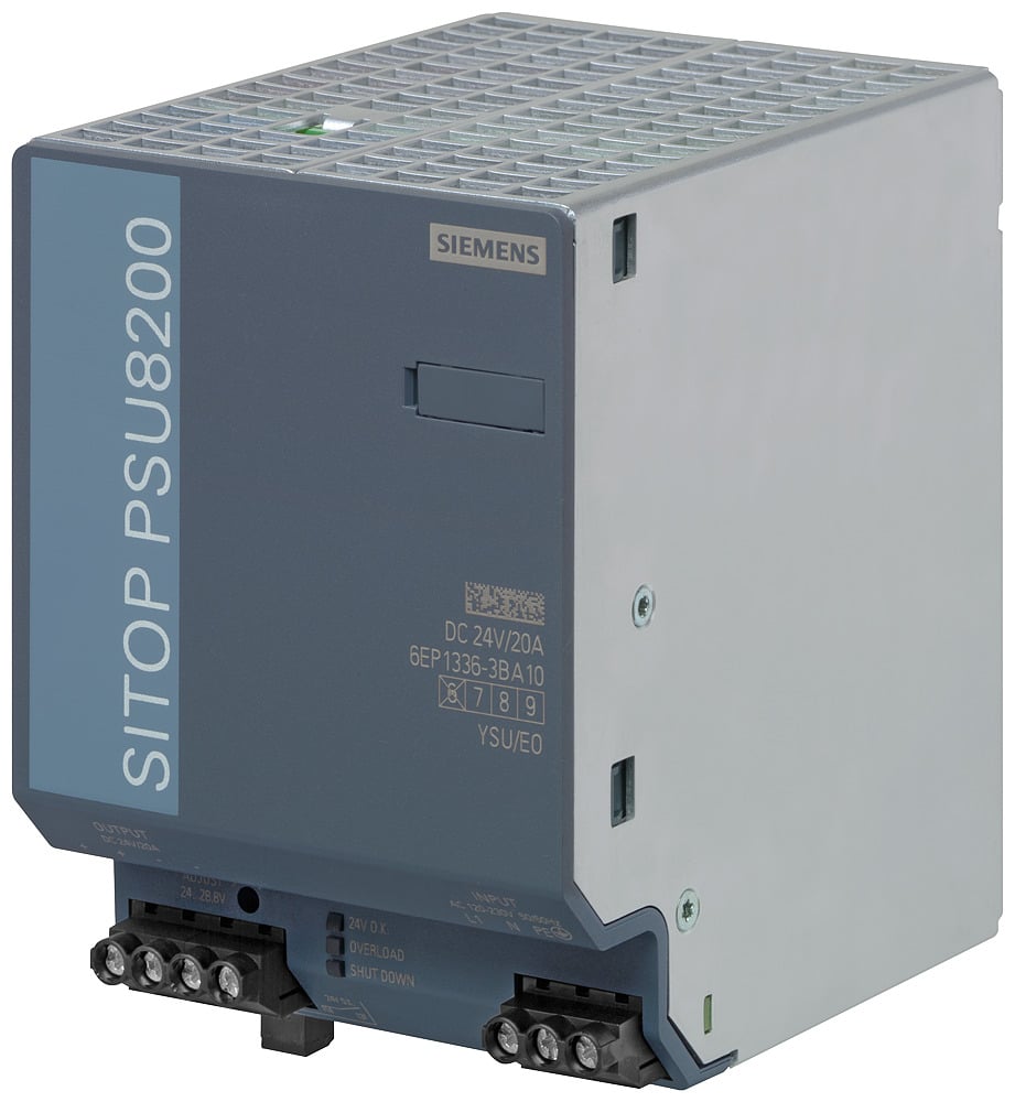 6EP13363BA10 SITOP PSU8200 1-Phase Stabilized Power Supply, 120 to 230 V AC/110 to 220 V DC Input, 24 VDC Output, 480 W Power Rating, 20 A, DIN Rail Mounting