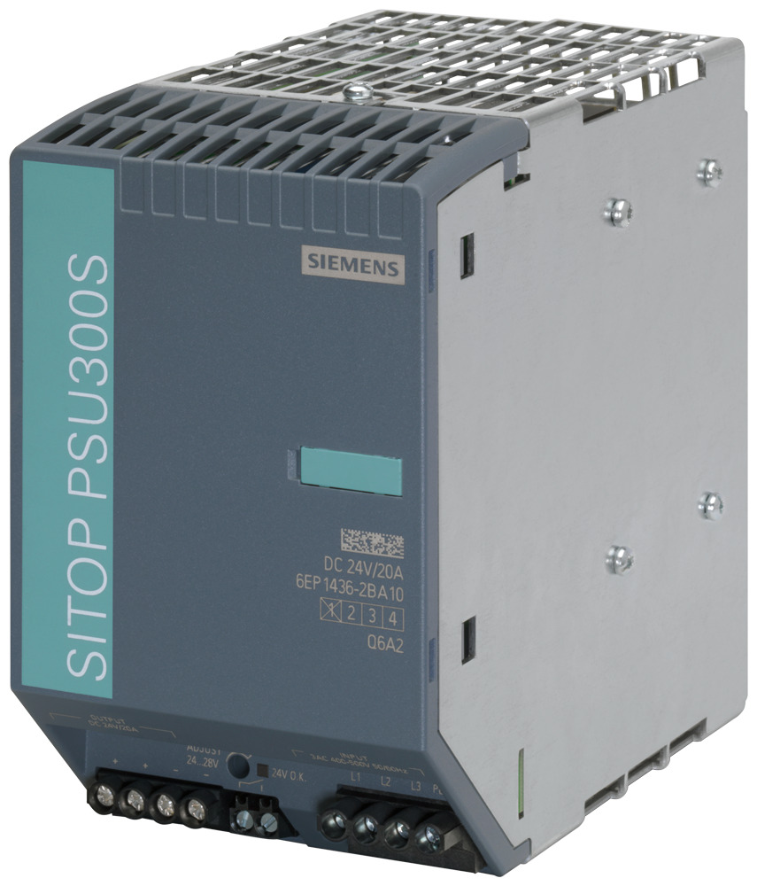 6EP14362BA10 SITOP 3-Phase Power Supply, 400 to 500 V AC Input, 24 VDC Output, 480 W Power Rating, 20 A, DIN Rail Mounting