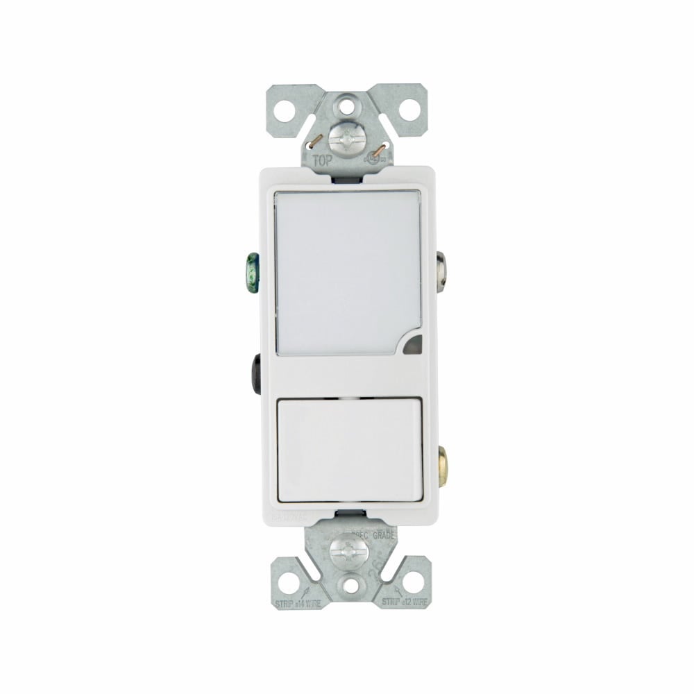 Eaton LED nightlight with switch, auto-grnd/LED nightlight, Decorator, #14 - #12 AWG, 15A, Residential, 120V, bk and sd wiring, Rocker, Maint closure, Screw, Brass, wht, -20-60?C, 1-pole, Photo, dplx, thermoplas, PVC, 1W