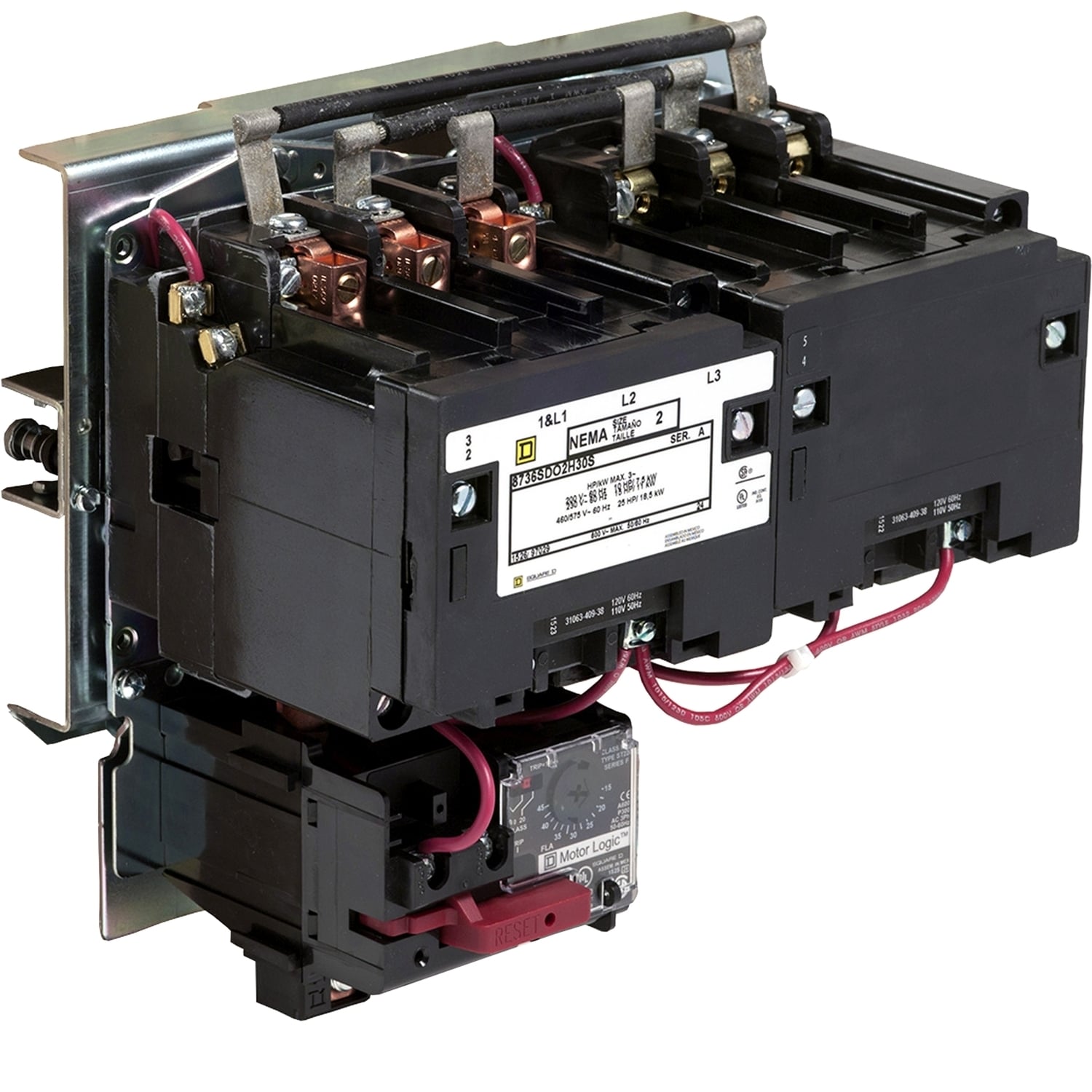 8736SDO2V02H30S Type S Magnetic Starter, 110 VAC at 50 Hz/120 VAC at 60 Hz V Coil, Reversing Action, 3 Poles, Open Enclosure