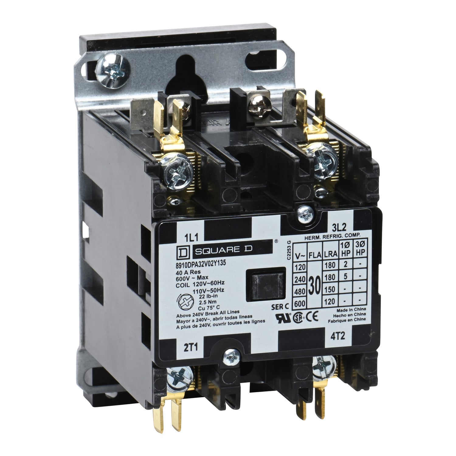 8910DPA32V02Y135 Type DPA Definite Purpose Contactor, 110 V AC at 50 Hz to 120 V AC at 60 Hz V Coil, 30 A, 2NO Contact, 2 Poles