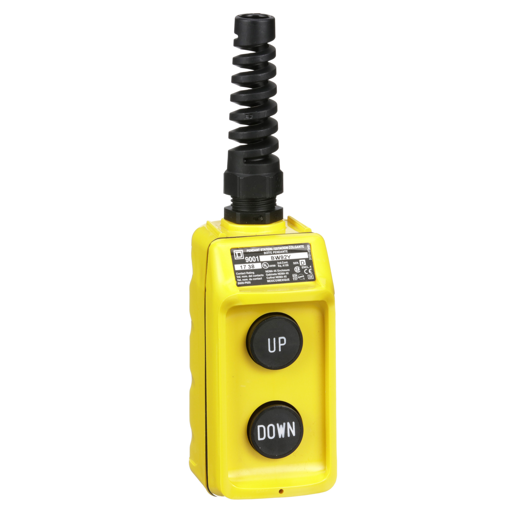 9001BW92Y Harmony Type BW Pendant Control Station, 600 V AC, 5 A, 1NO-1NC Contact, 2 Operators, NEMA 1/3/3R/4/4X NEMA Rating