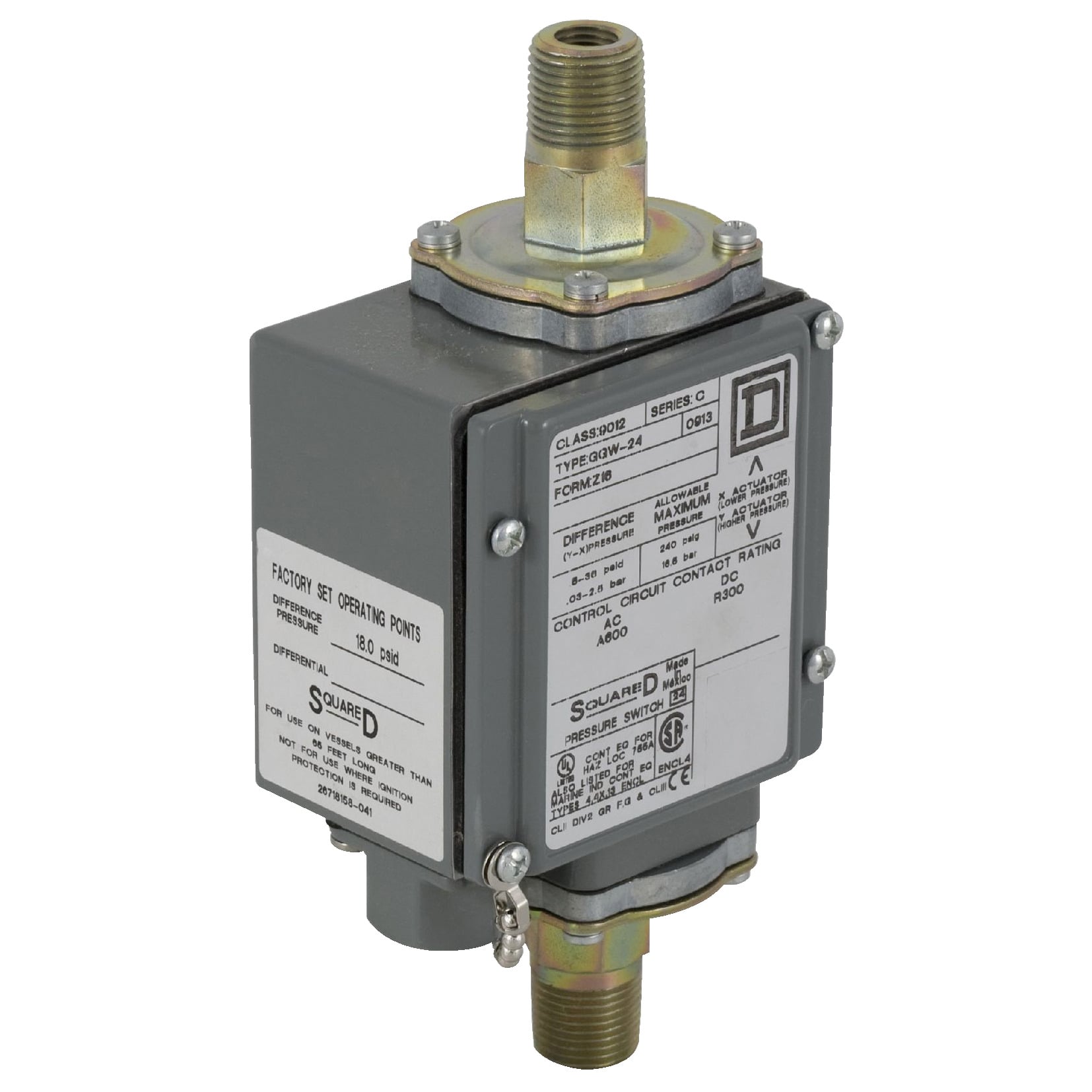 9012GGW4Y1 Low Pressure Electromechanical Pressure Switch, 0 to 175 psi Pressure, 5 to 15 psi Differential, 1CO SPDT-DB Contact, Screw Clamp Connection