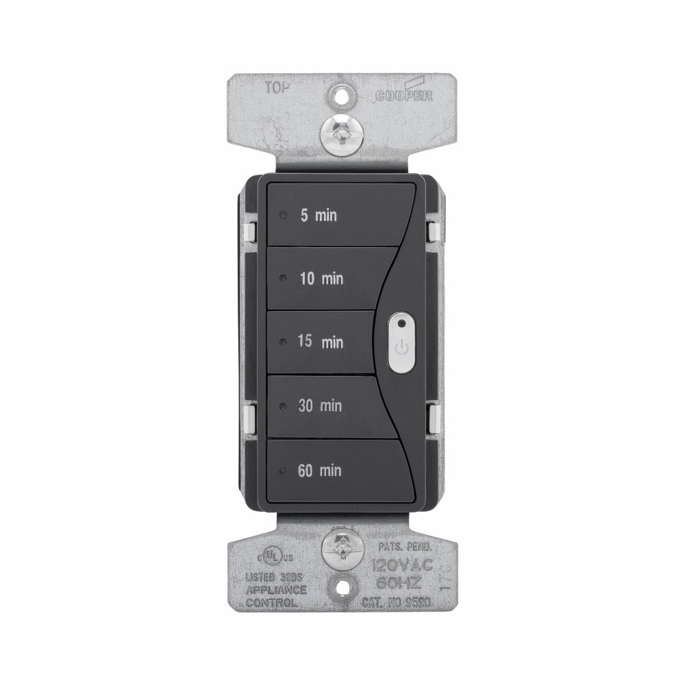 Eaton Aspire minute timer, 5, 10, 15, 30, and 60 minute default time settings, 15A, 120V, Wire leads, Five button, Silver granite, Load type: Incandescent, halogen, MLV, ELV, fluorescent, CFL, LED, Single-pole, Polycarbonate, 1800W